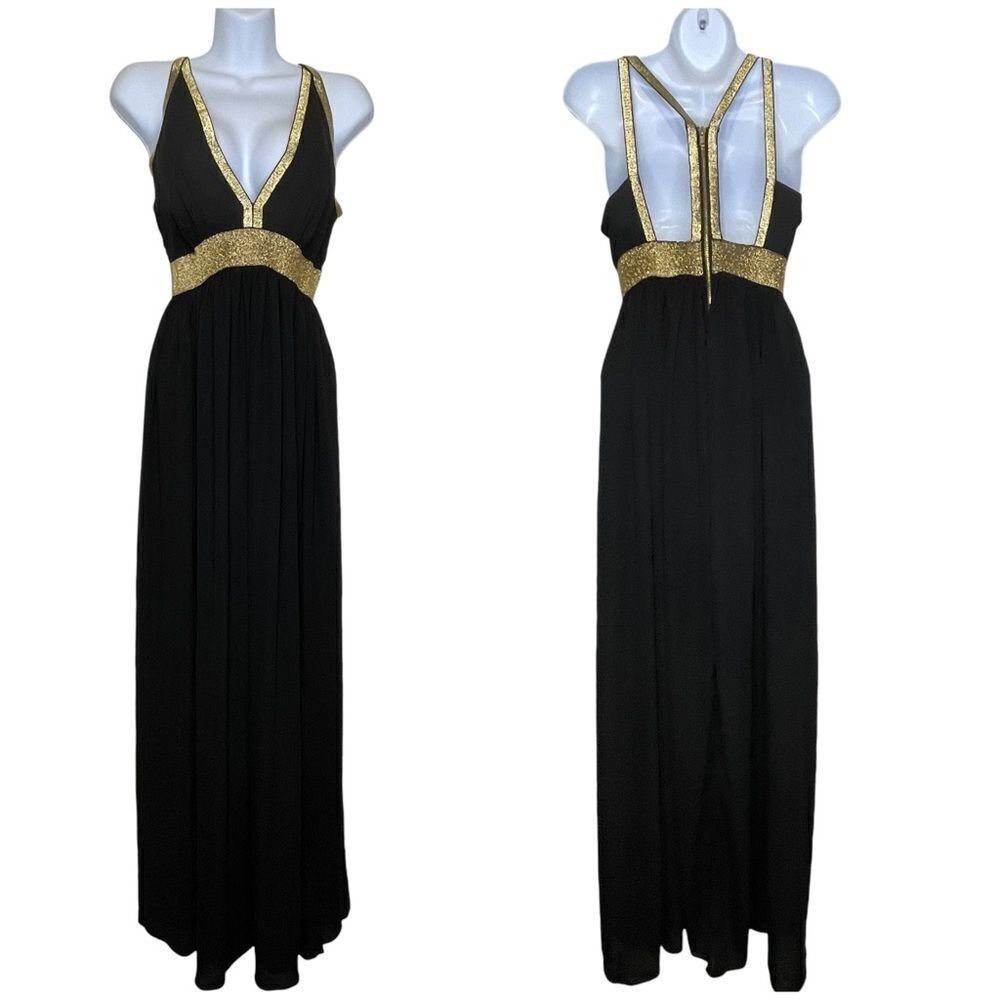 CQ by CQ Low VNeck Backless Maxi Dress Black With Gold Metallic Trim Large